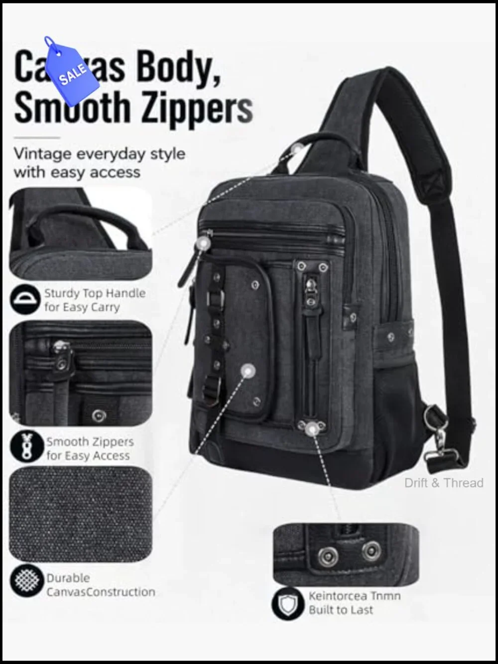 Large Canvas Sling Backpack Fits 15.6